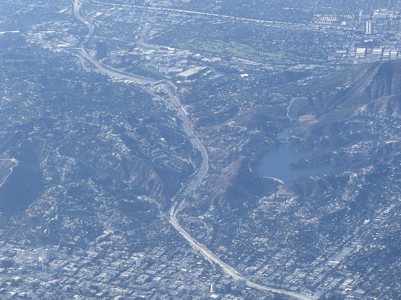 Aerial view of the Hollywood Freeway winding through Los Angeles