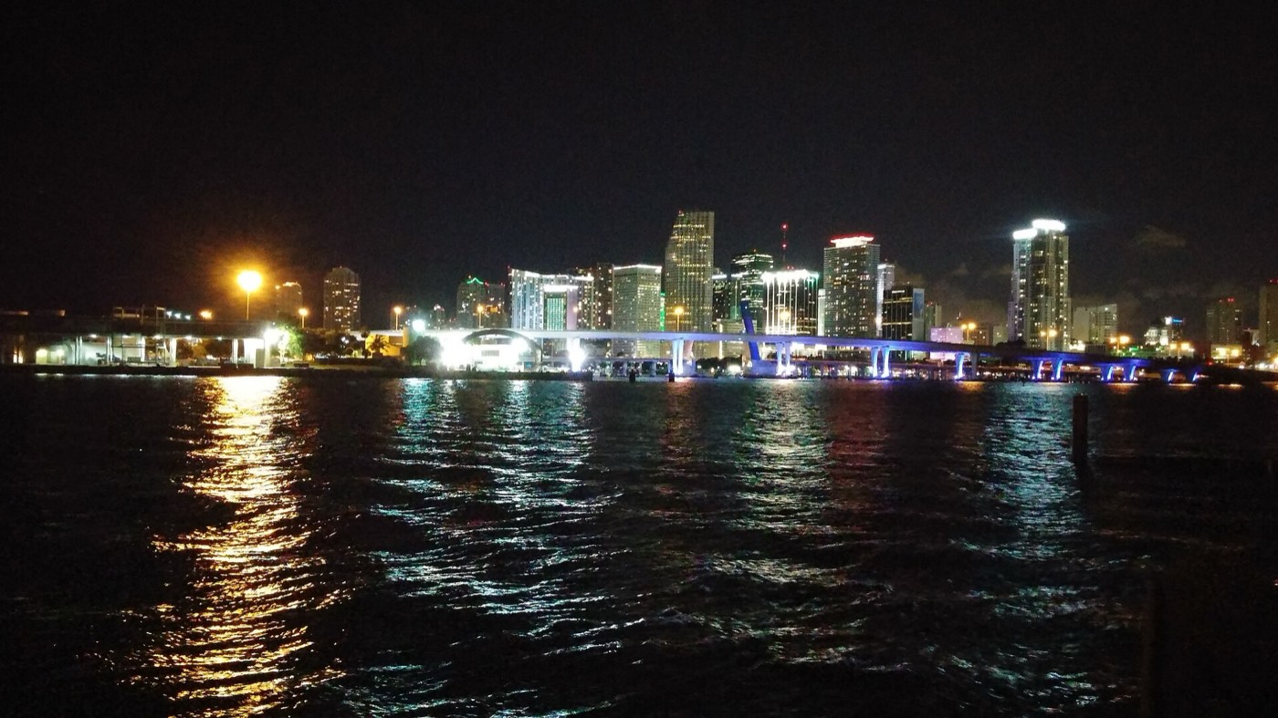 Downtown Miami skyline at night across Biscayne Bay